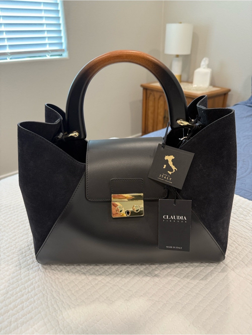 NWT Claudia Firenze Italy black leather and suede satchel with Crossbody strap